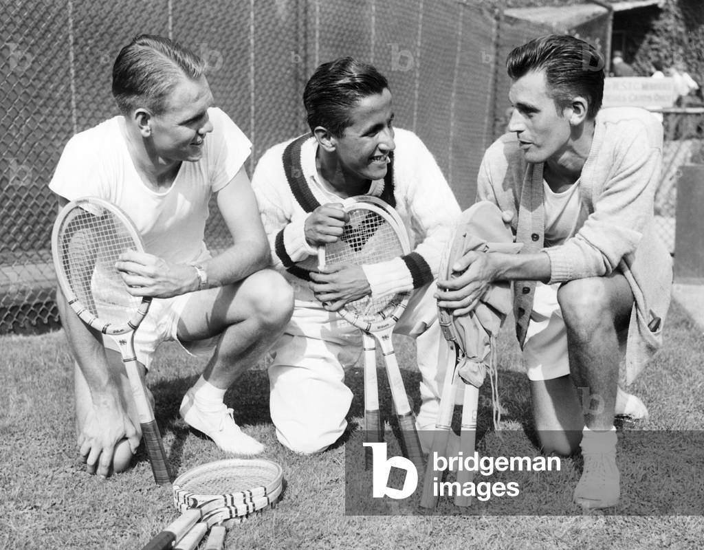 Jack Kramer, Pancho (Francisco) Segura, & Frank Parker, the top 3 seeded players, at the National Amateur Tennis Championships, at Forest Hills, NY, 9/10/1943.