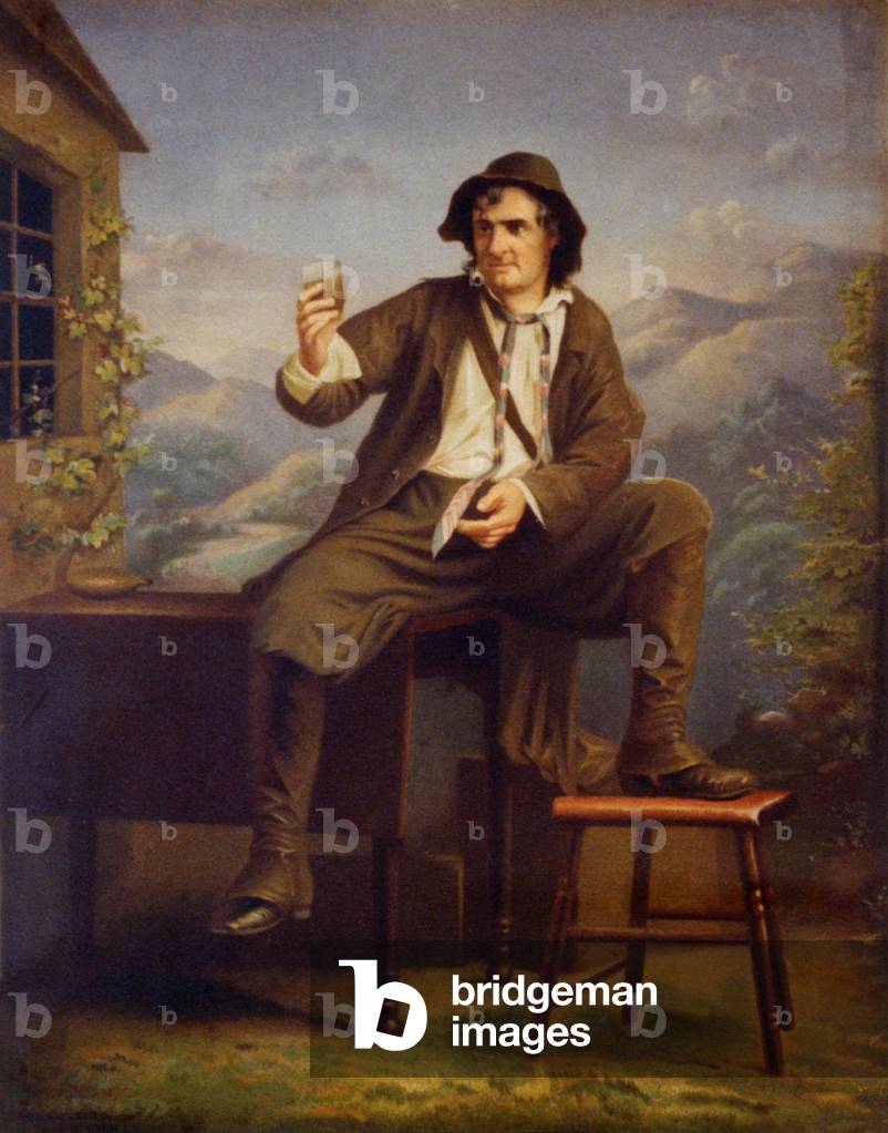 Joseph Jefferson (1829-1905), American actor, in scene from the play, RIP VAN WINKLE. 'Dis von don't count!' says Rip as he drinks the liquor that makes him sleep for 20 years. c. 1875