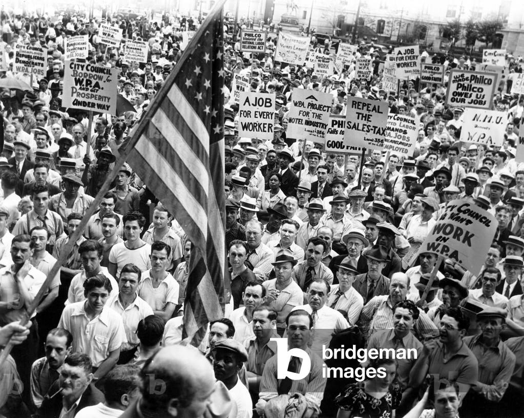 Rally to demand WPA Funds in Philadelphia during the Great Depression,1938 (b/w photo)