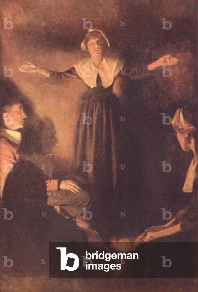 Salem Witch Trials. Salem magistrates examine of Rebecca Nurse, who pleaded innocent of using witchcraft to torment her young accusers: Ann Putmann and Abigail Williams, Elizabeth Hubbard and Mary Walcott. Rebecca was one of nineteen eventually executed for witchcraft in Massachusetts Colony in 1692. Illustration by Howard Pyle