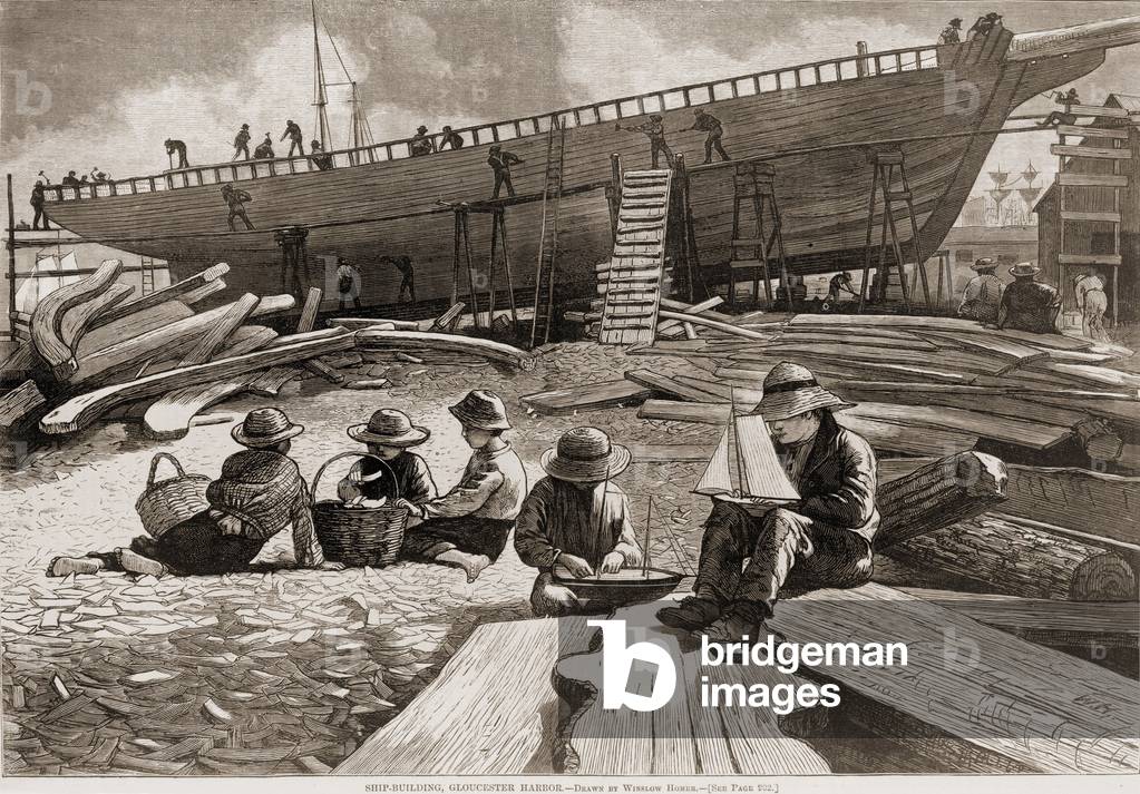 Children building model ships in the foreground at a shipyard, while men build a ship in the background. Wood engraving by Winslow Homer. 1873