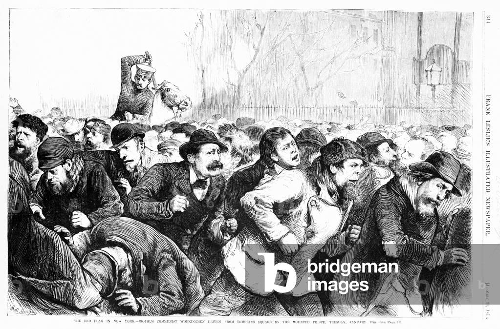 The red flag in New York - riotous Communist workingmen driven from Tompkins Square by the mounted police, Tuesday, January 13th, 1874. Woodcut, 1874