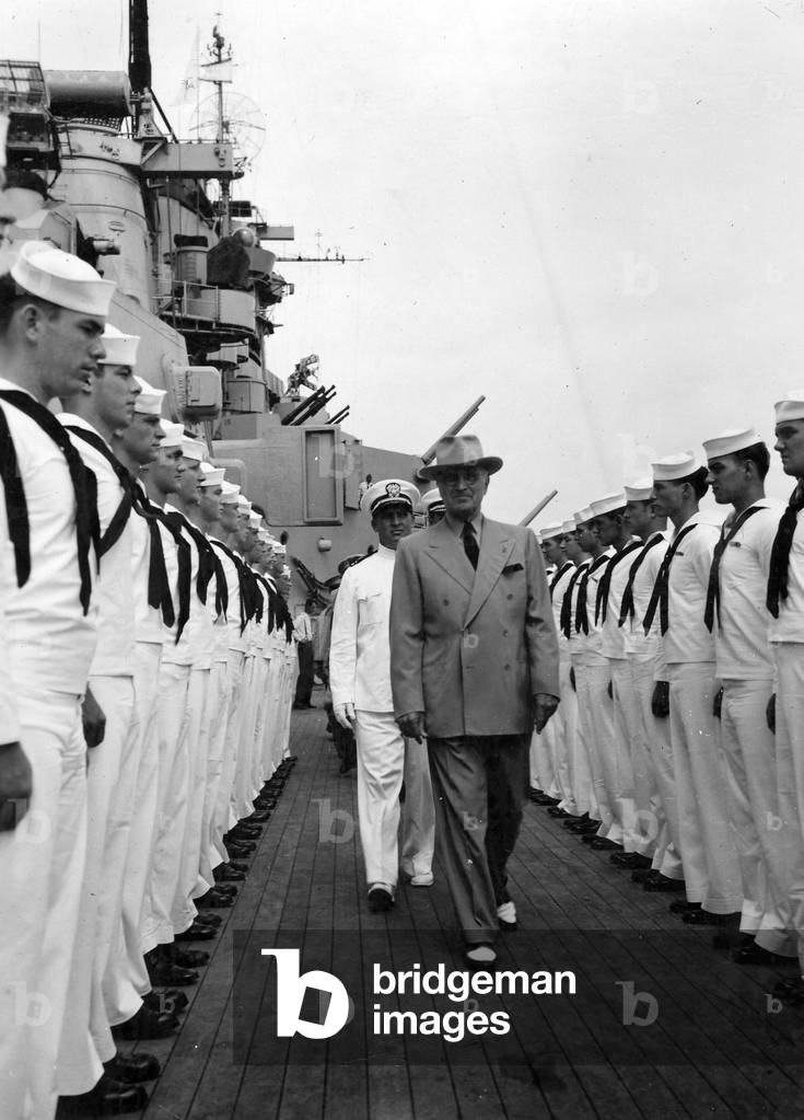 President Harry Truman inspects the personnel of the USS Missouri, c. 09/08/1947. Truman and his family returned from a state visit to Brazil on the storied battleship, from Sept. 8-15