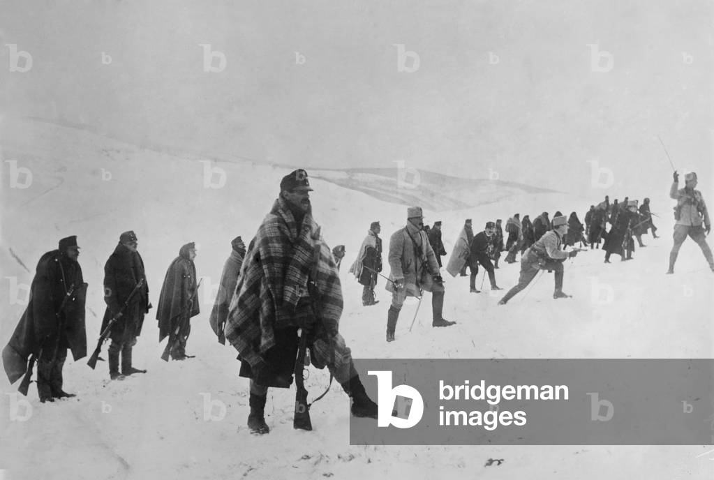 World War 1. Austrian troops advancing in the Carpathians Mountains in the winter of 1914-15