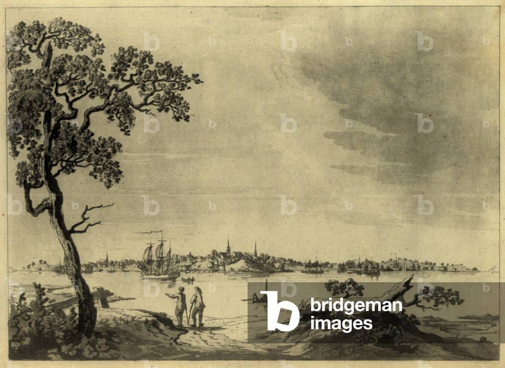 The American Revolution. View of Portsmouth, New Hampshire from across the Piscataqua River. Aquatint from the Atlantic Neptune, published for the use of the Royal Navy of Great Britain, by Joseph F.W. Des Barres. 1780