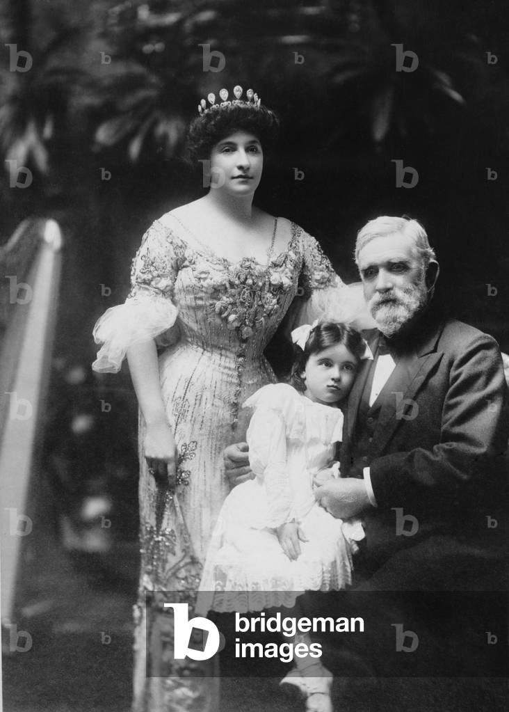 Nellie Melba (1859-1931), popular opera star with her father, David Mitchell, and a young girl, in her native Melbourne, Australia
