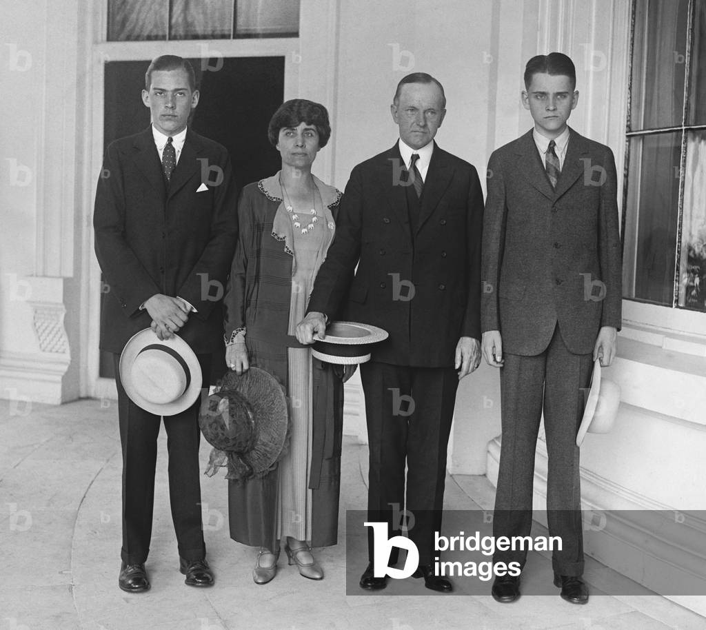 President Calvin Coolidge with his family at the White House, June 30, 1924. L-R: John, age 17; First Lady Grace; the President; Calvin, Jr., age 16