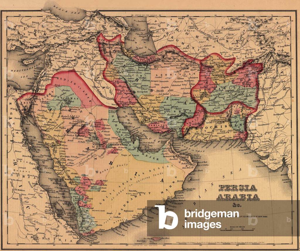 1855 map clearly shows the political and cultural geography of the Middle East. The Ottoman and Persian Empires boundary lies to the east of Mesopotamia, present day Iraq; Arabia, in the desert before the discovery of oil, is south of the wealthier empires
