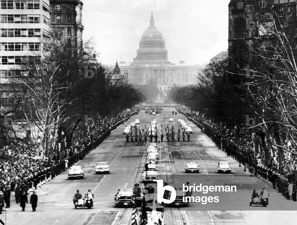 Dwight Eisenhower's second inauguration. Pennsylvania Avenue as President Eisenhower's motorcade drives from the Capitol to the White House. Jan. 21, 1957