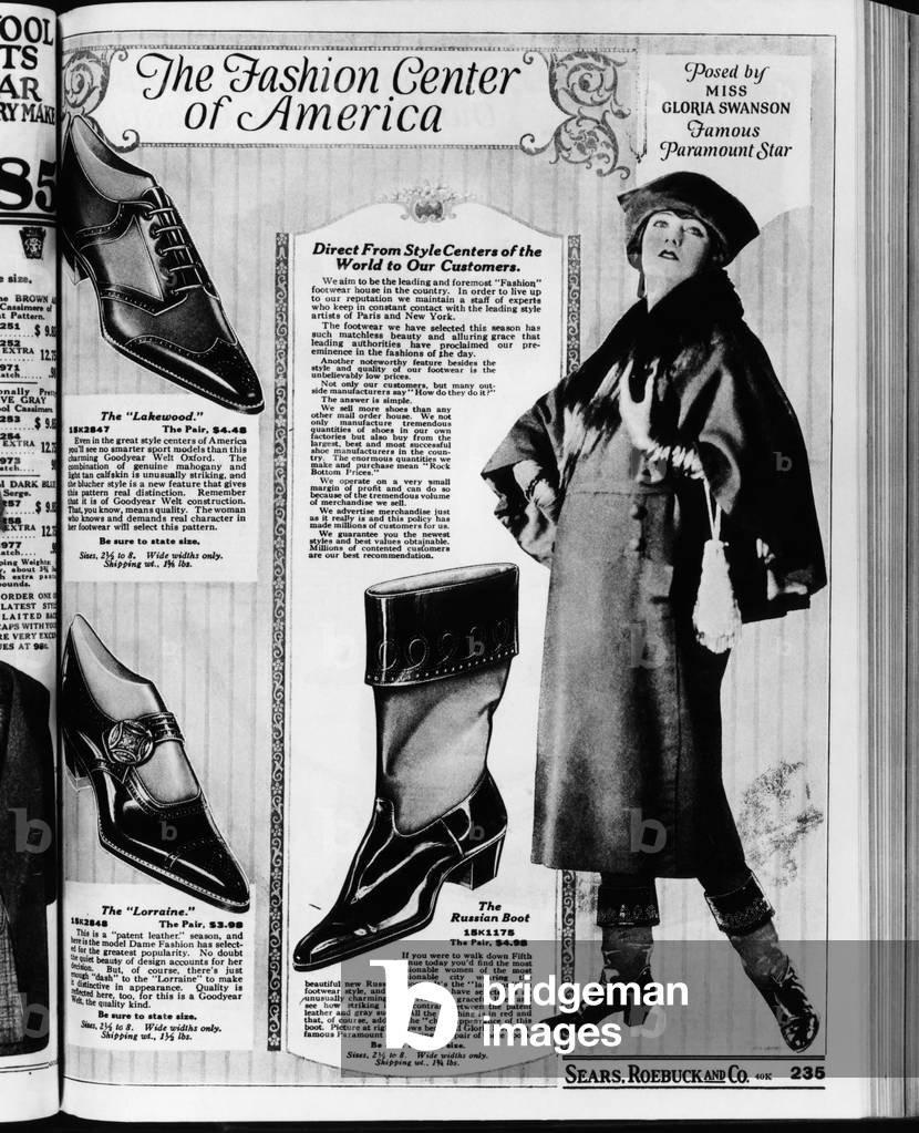 A page from a 1922 Sears Roebuck catalog offering 'The Russian Boot' costing .98 a pair, and 'Posed by Miss Gloria Swanson, Famous Paramount Star.' Photo: