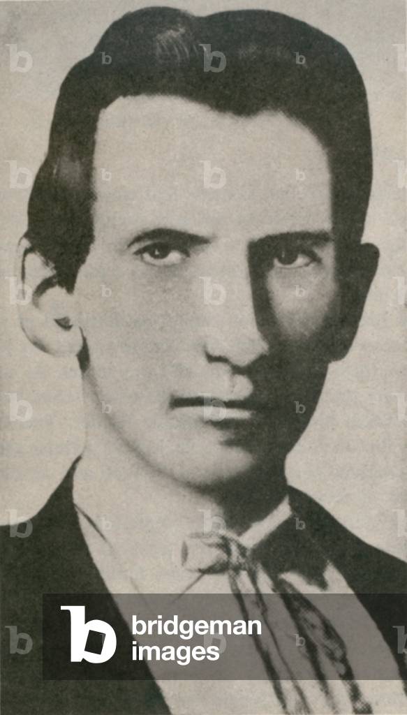 Frank James (1843-1915), was the outlaw partner and older brother of Jesse James. After Jesse's death in 1882, Frank surrendered to Missouri's governor and after bargaining to be tried for only two robberies. He was acquitted in both and lived peacefully to age 72