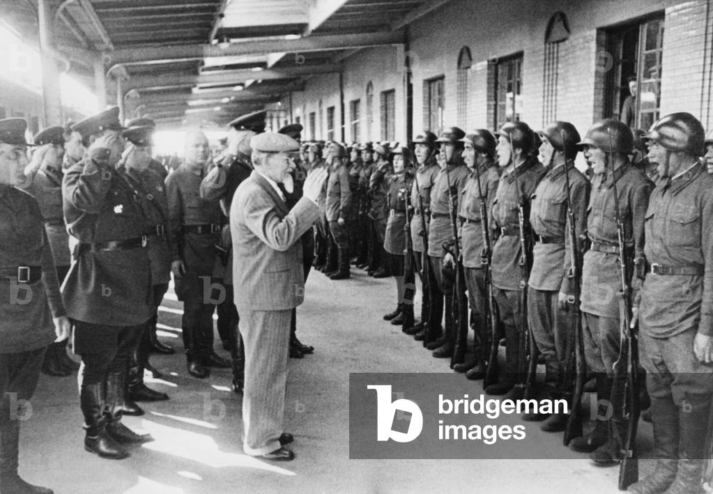 Mikhail Kalinin, Chairman of the Presidium of the Supreme Soviet, reviews troops at Vyborg. Three month after Finland's defeat in the Winter War, Kalinin took a post in the new Finish-Karelian Republic of the USSR. June 1940