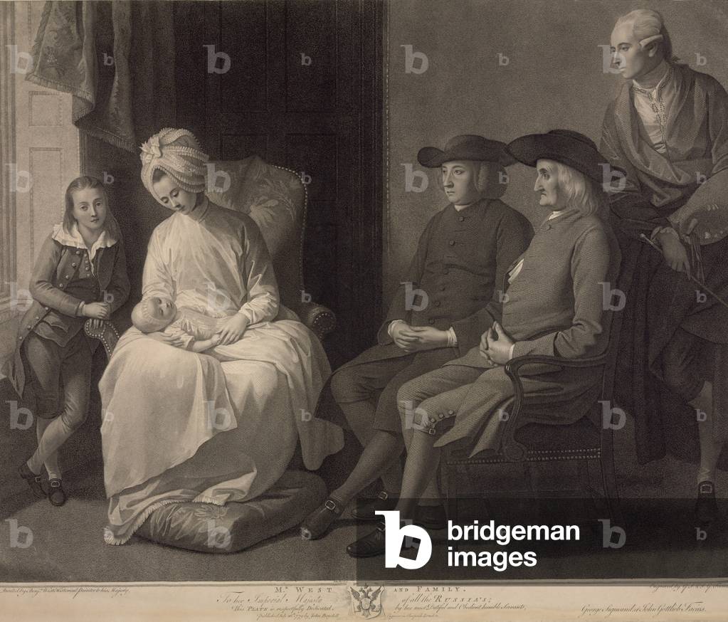Benjamin West (1738-1829), and his family in London, 1779. The American-born artist (far right holding palette) built his mature career in England, where he received the patronage of King George III and was elected President of the Royal Academy