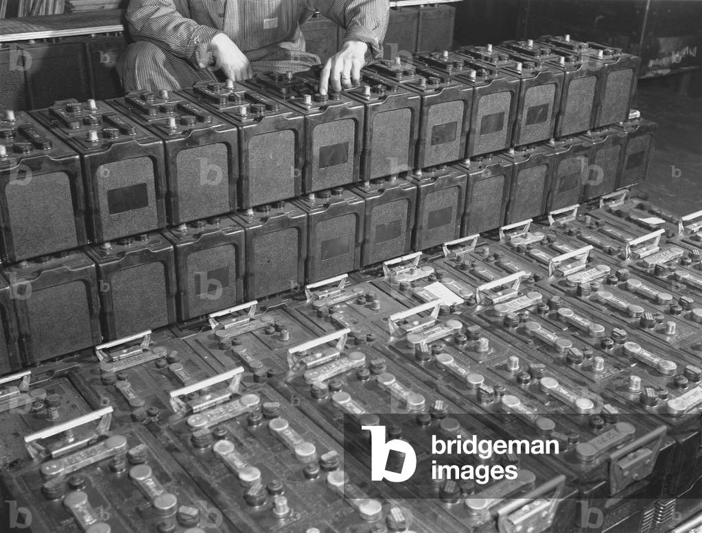 Dozens of 12 volt rechargeable automobile batteries at a the White Motor Company, Cleveland, Ohio. 1941