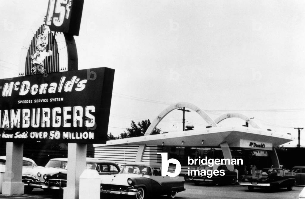 A McDonalds restaurant, featuring a ten item menu built around a 15 cent hamburger, c. 1950s