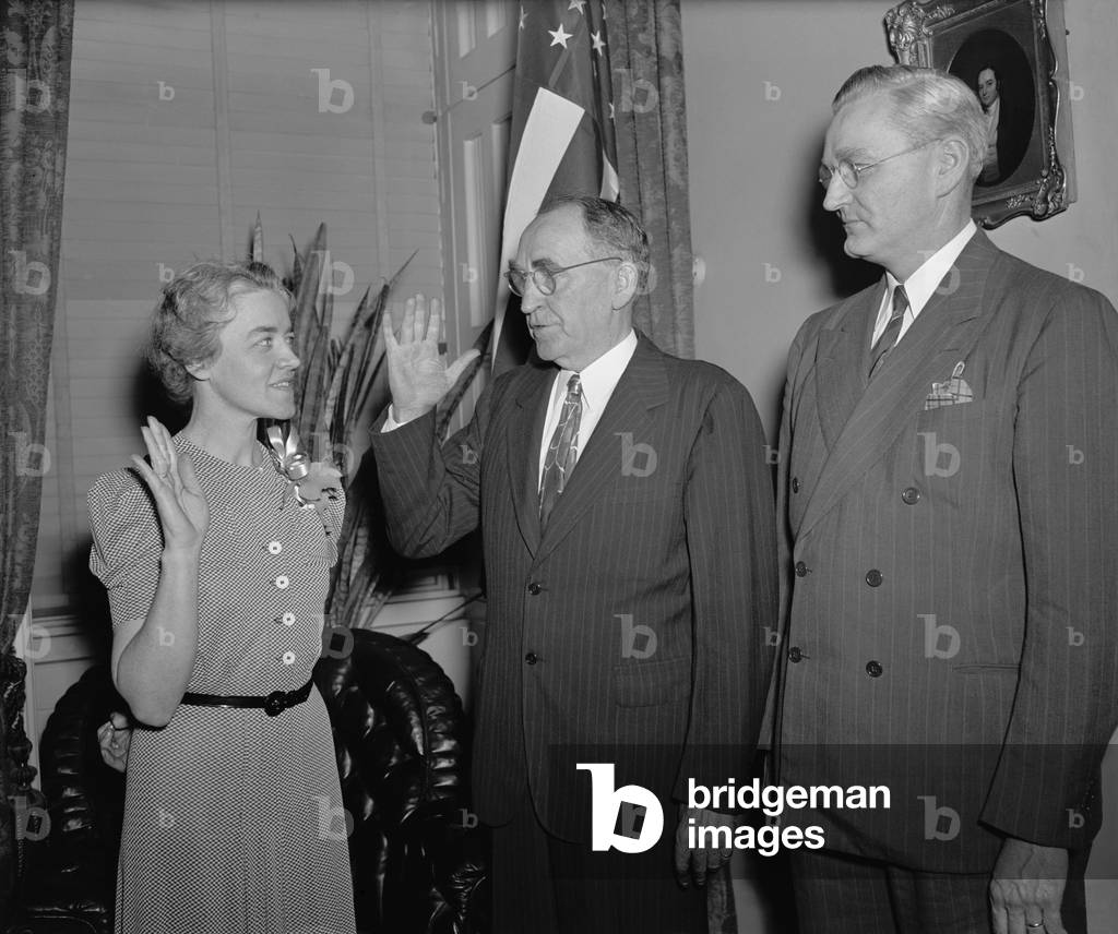 Margaret Chase Smith sworn in as Congresswoman, June 6, 1940. She would fill out her dead husband's term and serve in the House until her 1949 election to the Senate