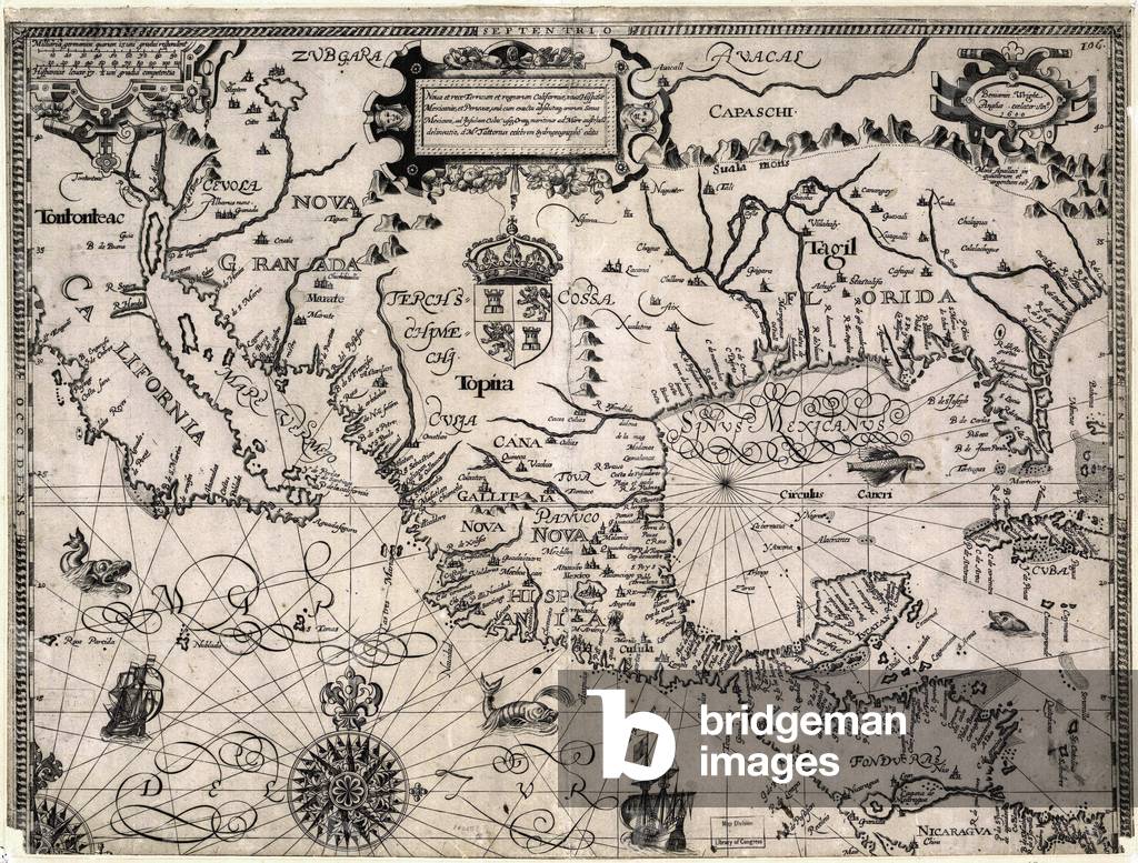 1600 map of Spanish Territories in North America, including Mexico, Cuba, California, and Florida