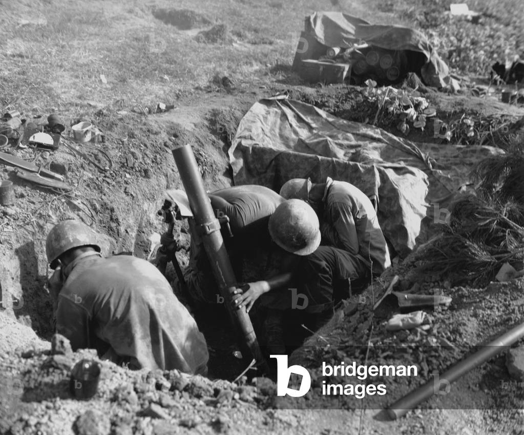 Marines fire an 81 mm mortar in the Battle of Obong-ni Ridge, August 17-19, 1950. It was part of the larger First Battle of the Naktong River (Aug. 2-19) in the Battle of the Pusan Perimeter. Korean War, 1950-53
