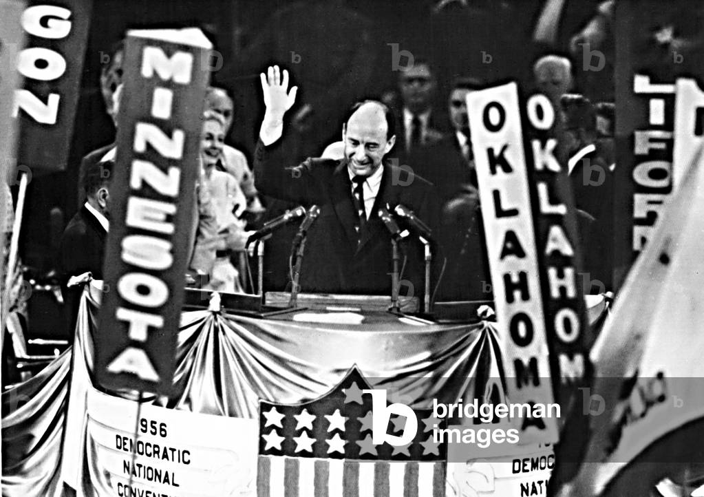 ADLAI STEVENSON, accepts the Democratic nomination to run for President. The delegates nominated him on the first ballot and they are celebrating at Convention Hall, Chicago, Illinois, 8/16/56.