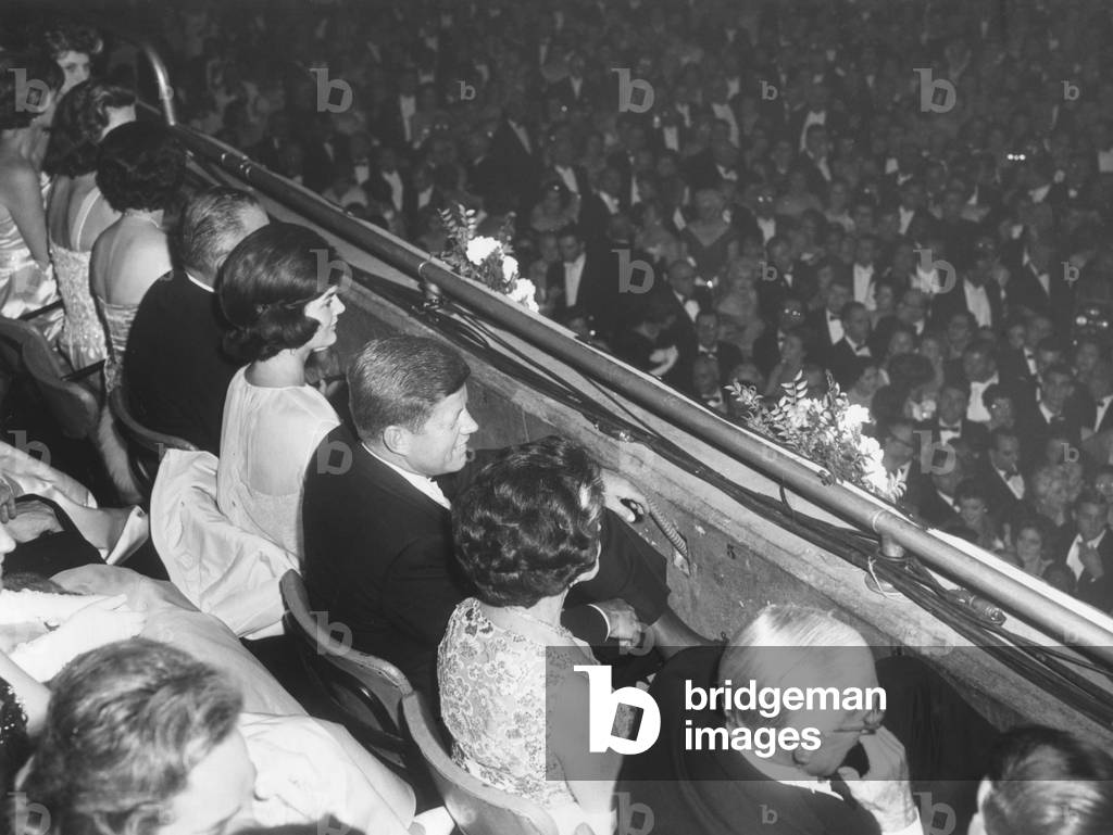 President John Kennedy and party seated in the National Guard Armory Inaugural Ball. Party includes: Lady Bird Johnson; Vice President Lyndon B. Johnson; First Lady Jacqueline Kennedy; and the President's parents Rose Fitzgerald Kennedy and Joseph P. Kennedy, Sr. Jan. 20, 1961.