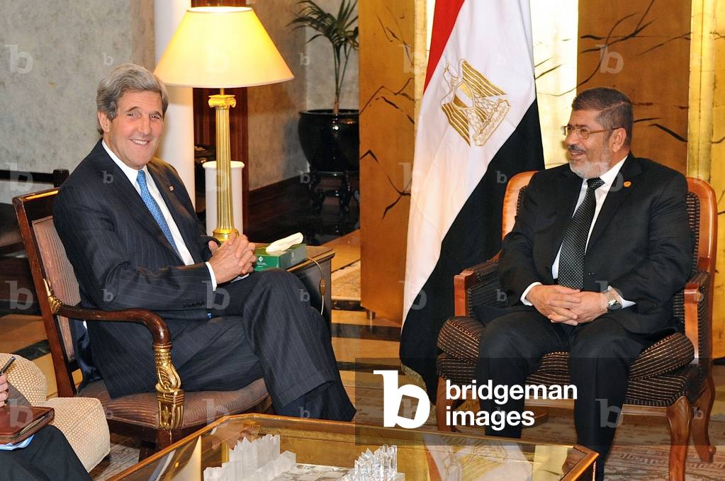 U.S. Secretary of State John Kerry meets with Egyptian President Mohamed Morsi. May 25, 2013. They were attending the 50th Anniversary African Union Summit in Addis Ababa