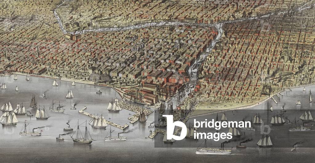 The City of Chicago in 1874. Chicago Harbor is built up with train tracks warehouses and docks for sail and steam ships. A Chrystal Palace adorns Grant Park