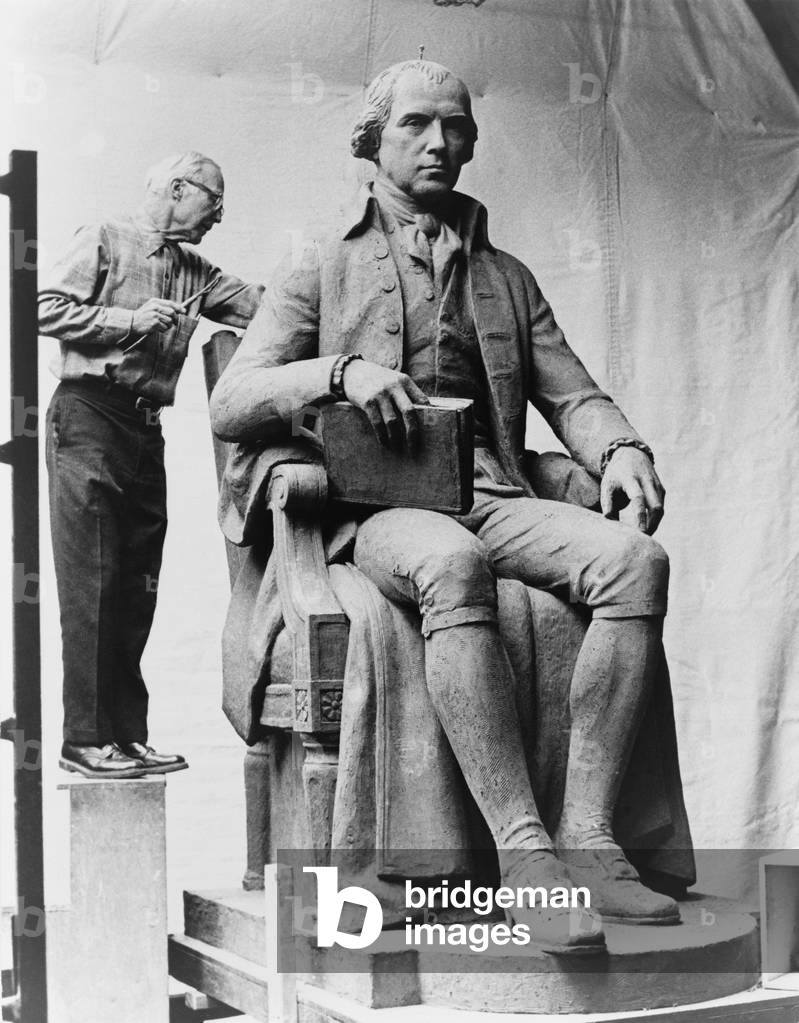 Walker Kirtland Hancock (1901-1998), one of the masters of 20th century monumental sculpture, at work on a maquette (scale model) for the marble portrait statue of James Madison for the Library of Congress, 1974