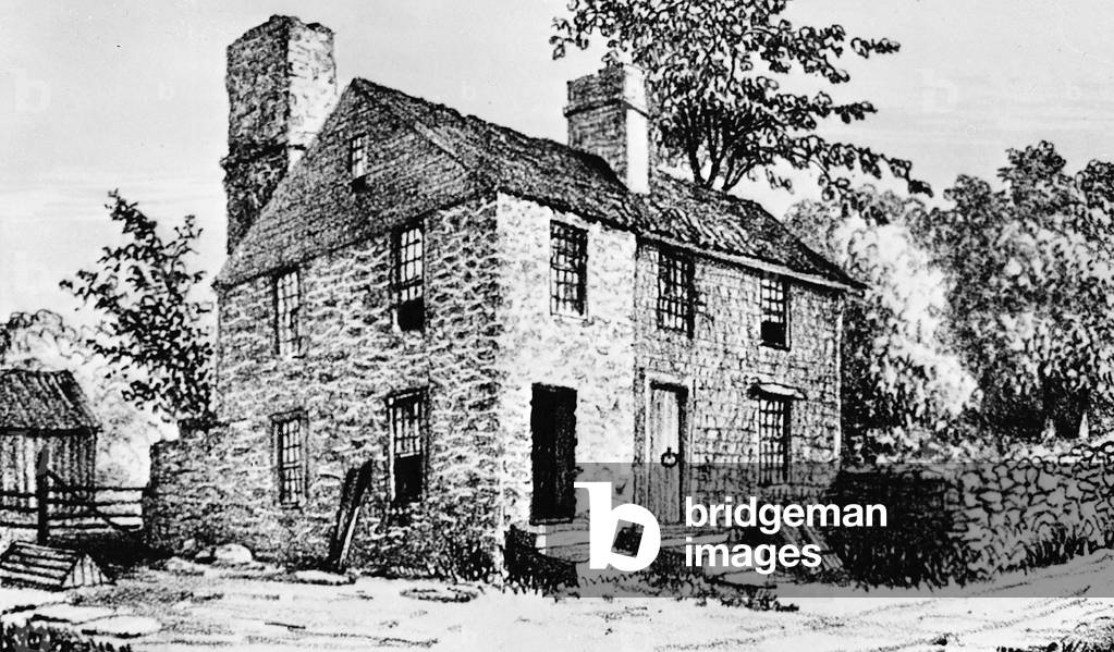 Governor Caleb Carr House. A house built by Rhode Island Governor Caleb Carr for his son. Conanicut Island, Jamestown, Rhode Island. 1686, drawing c. 1882