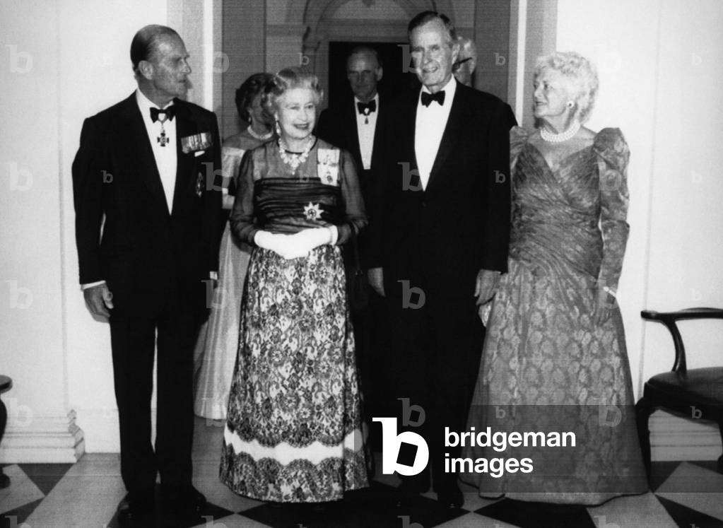 USa president Bush Sr , Duke of Edinburgh Prince Philip, Queen Elizabeth II of England First lady Barbara Bush at the British Embassy, Washington, D.C., May, 1991 (b/w photo)