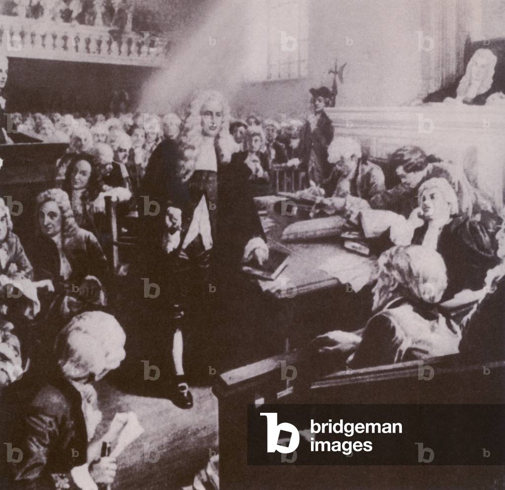 Peter Zenger's Philadelphia lawyer, Andrew Hamilton, defying court protocol, directly addresses the jury during his trial for seditious libel against the appointed corrupt colonial governor, William Crosby. The jury acquitted Zenger after only 10 minutes deliberation. 1735