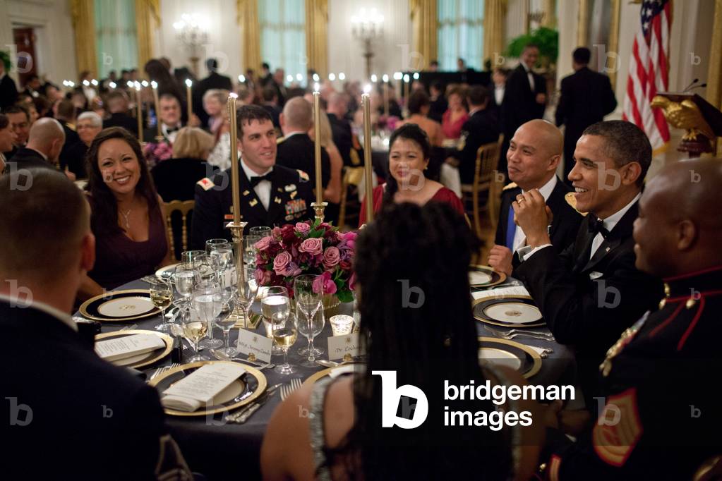 President Barack Obama's table at the Department of Defense dinner, Feb. 29, 2012. The dinner was held to honor members of the Armed Forces who served in Iraq and Afghanistan, East Room of the White House