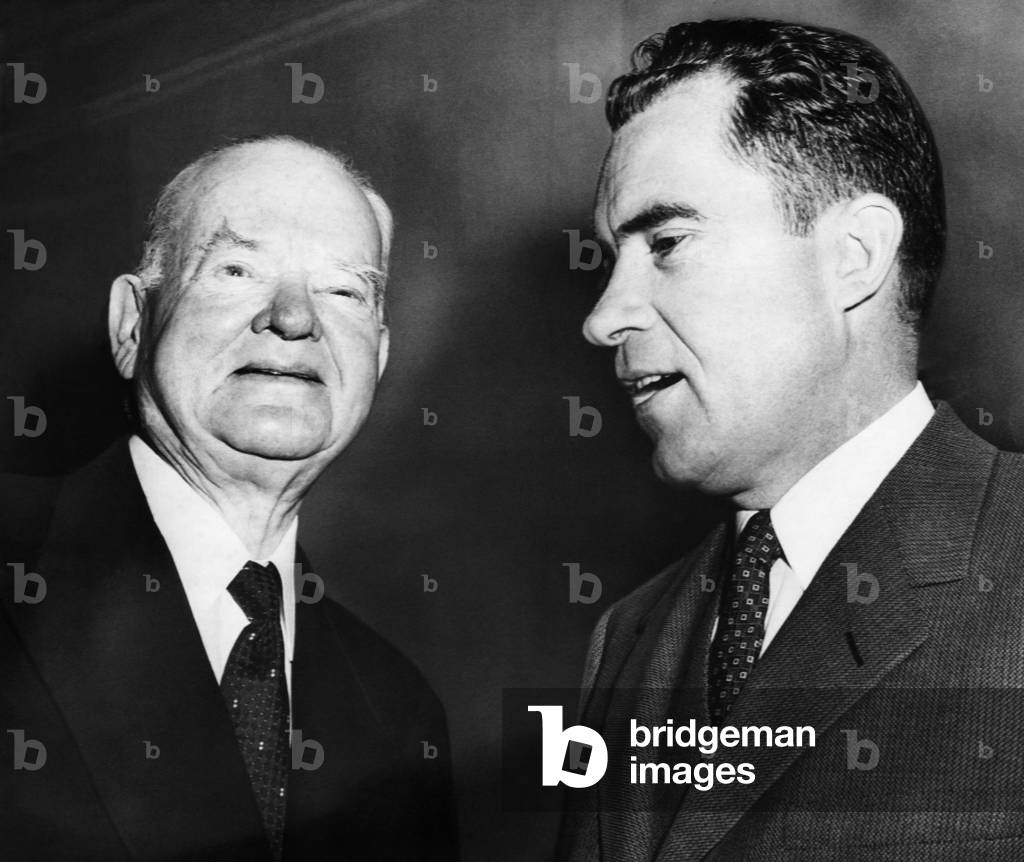 US Presidents. Former US President Herbert Hoover meets with Vice President (and future US President) Richard Nixon to in New York City, 1956