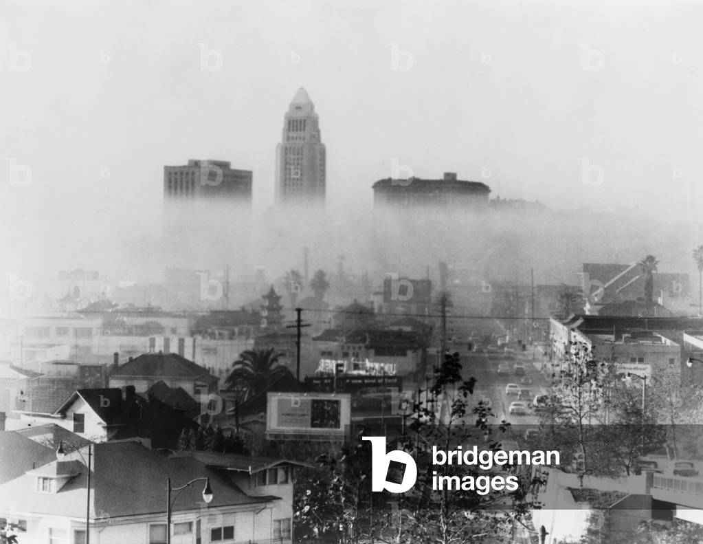 Smog obscures view of downtown high-rises, Los Angeles, California on November 20, 1966
