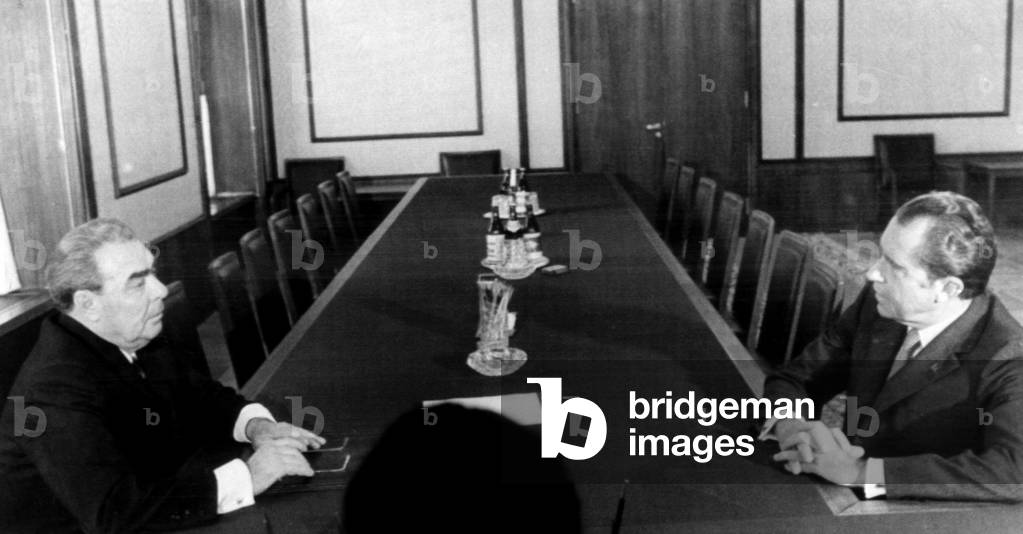 President Richard Nixon (right), meeting with the General Secretary of the Soviet Communist Party, Leonid I. Brezhnev (left), in Moscow, Russia, May 22, 1972.