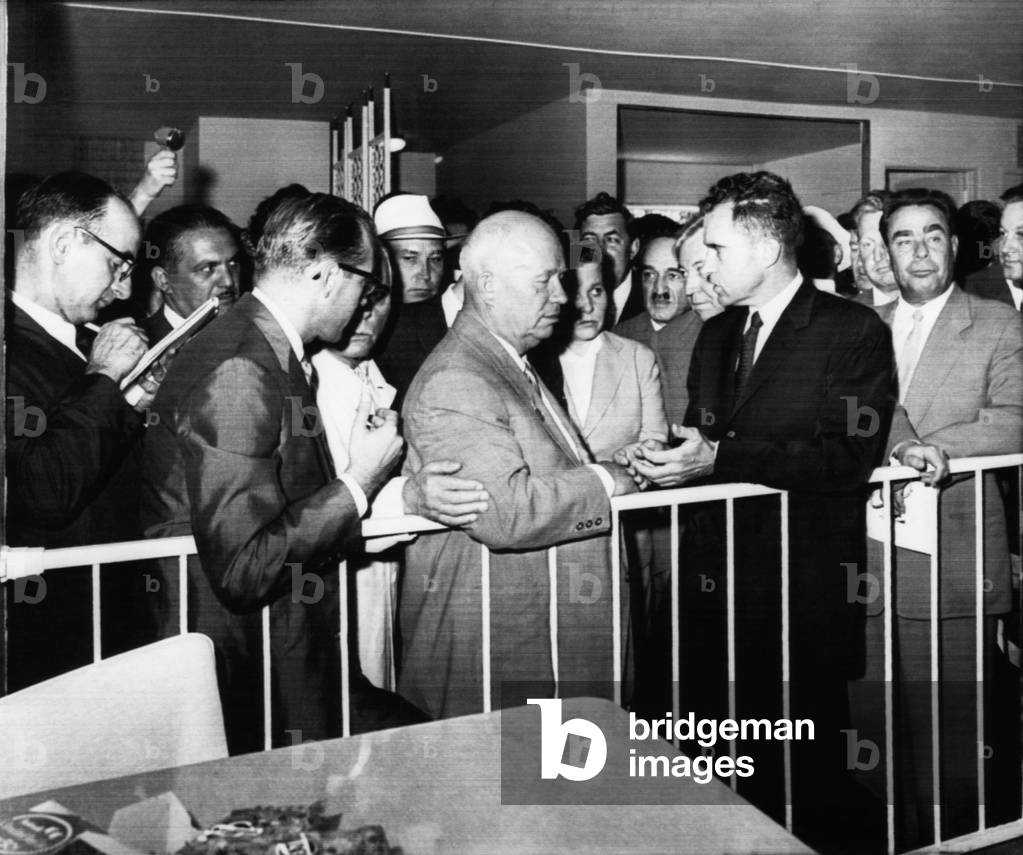 Nixon Vice Presidency. Soviet Premier Nikita Khruschev with Vice President (and future US President) Richard Nixon, during the Kitchen Debate, New York City. To Nixon's left: Future Soviet Premier Leonid Brezhnev, 1959