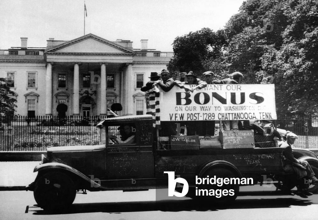 Bonus Army Veterans from Chattanooga, parade past White House in a truck. May 18, 1932
