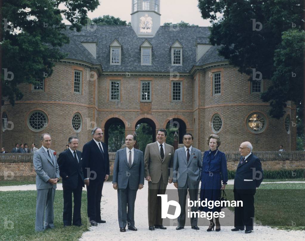 Class photo from the G-7 Economic Summit in Williamsburg Virginia left to right Pierre Trudeau Gaston Thorn Helmut Kohl Francois Mitterrand President Reagan Yasuhiro Nakasone Margaret Thatcher Amintore Fanfani. May 28-30 1983