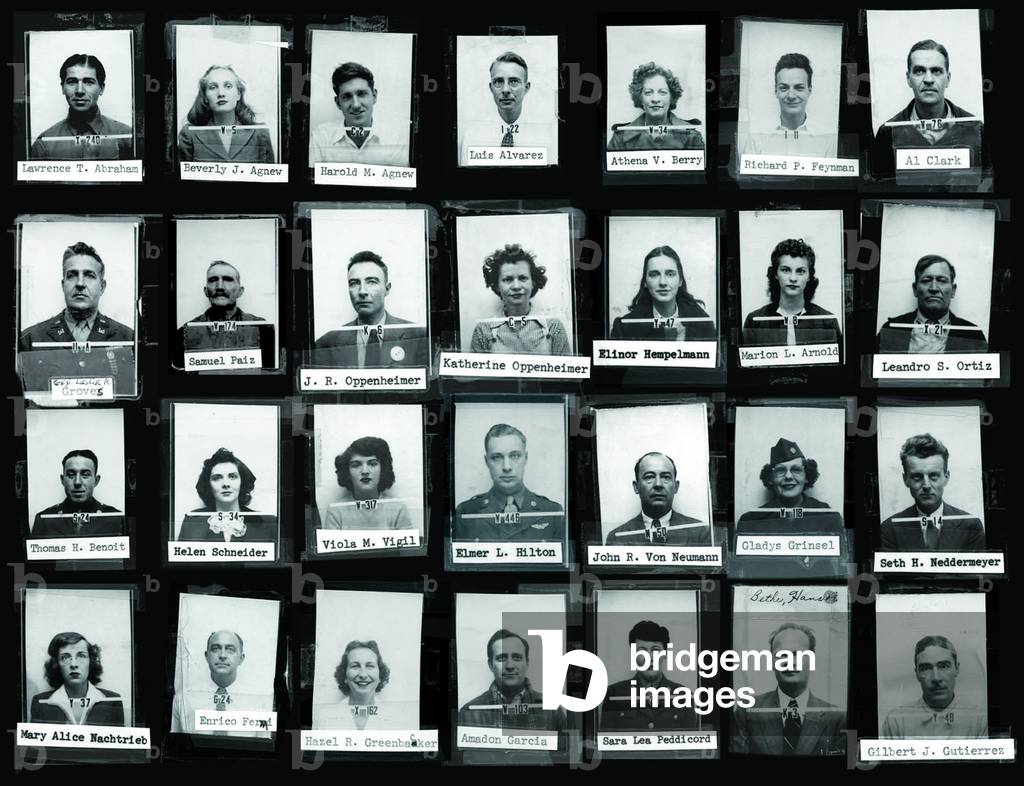 Montage of Manhattan Project personnel at Los Alamos during World War 2. They include Lius Alvarez, Richard Feynman, Leslie Groves, Robert Oppenheimer, John Von Neumann, Enrico Fermi, and Hans Bethe