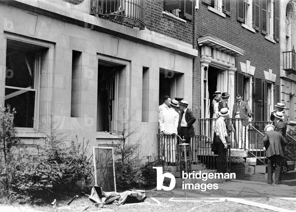 The of home of US Attorney General Alexander Mitchell Palmer, after bomb explosion set by Anarchist Carlo Valdinoci, who died at the scene. c. 1919