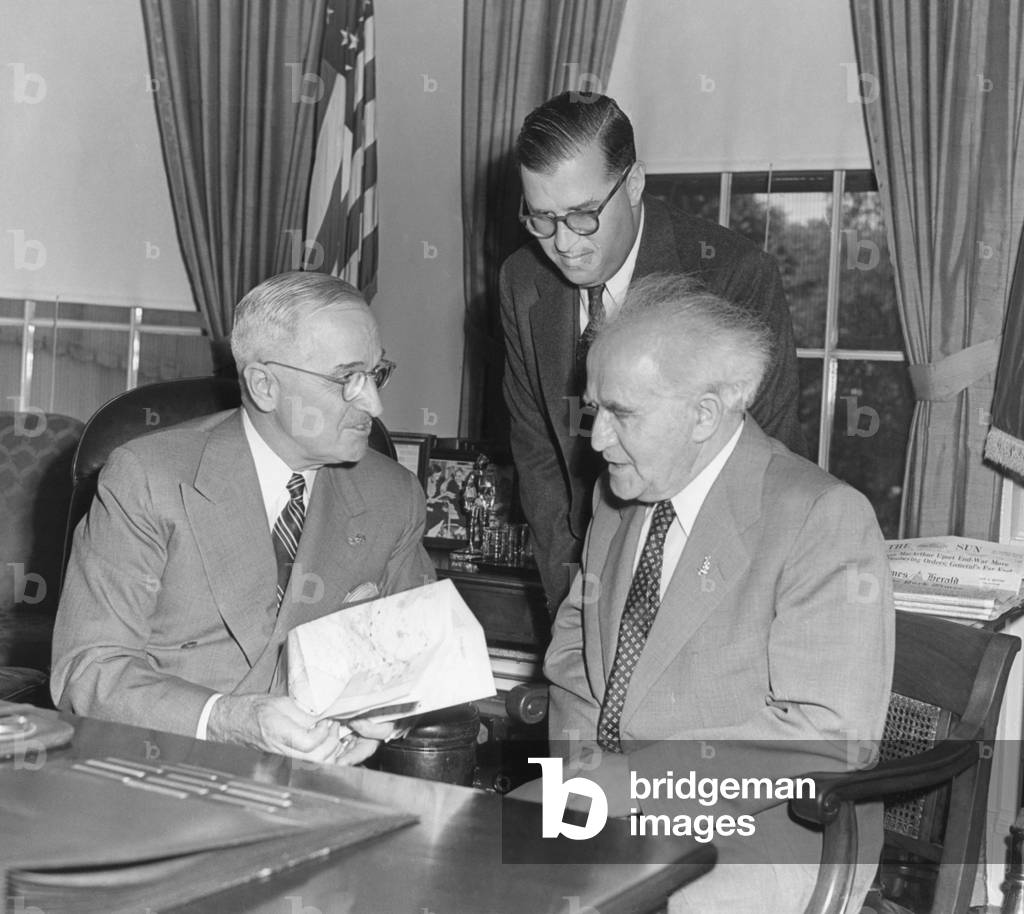 President Harry Truman meeting with PM David Ben-Gurion (seated) and Ambassador Abba Eban of Israel. May 8, 1951.