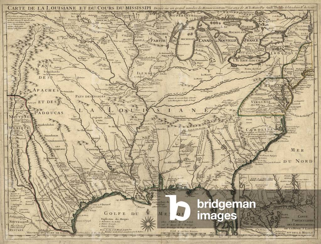 1718 French map of North America showing the Mississippi River region, locations of Native American settlements, and the colonies of France, Spain, and Britain