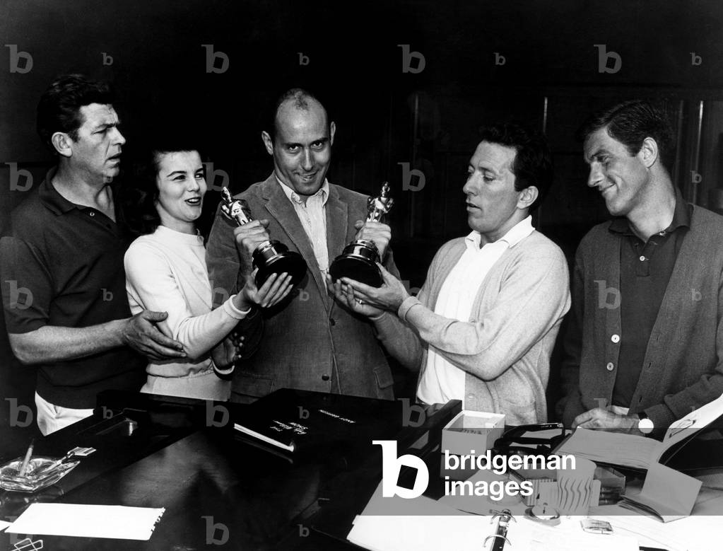 Andy Griffith, Ann-Margret, Henry Mancini, Andy Williams, and Dick Van Dyke, as Mancini celebrates recent Oscar winnings for best original Song and best scoring for BREAKFAST AT TIFFANY'S, 1962.