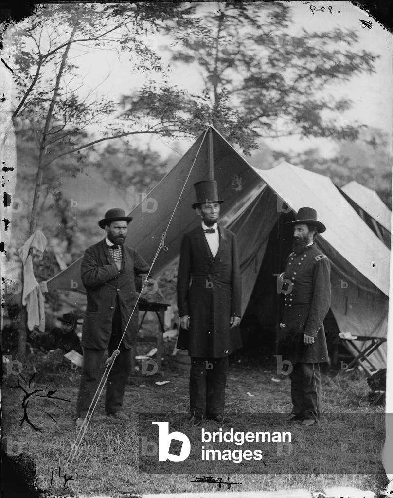 The Civil War, Antietam, Md. Allan Pinkerton, President Abraham Lincoln, Major General John A. McClernand, photograph from the main eastern theater of the Civil War, Battle of Antietam, September - October 1862, from glass negative, by Alexander Gardner, October 3, 1862