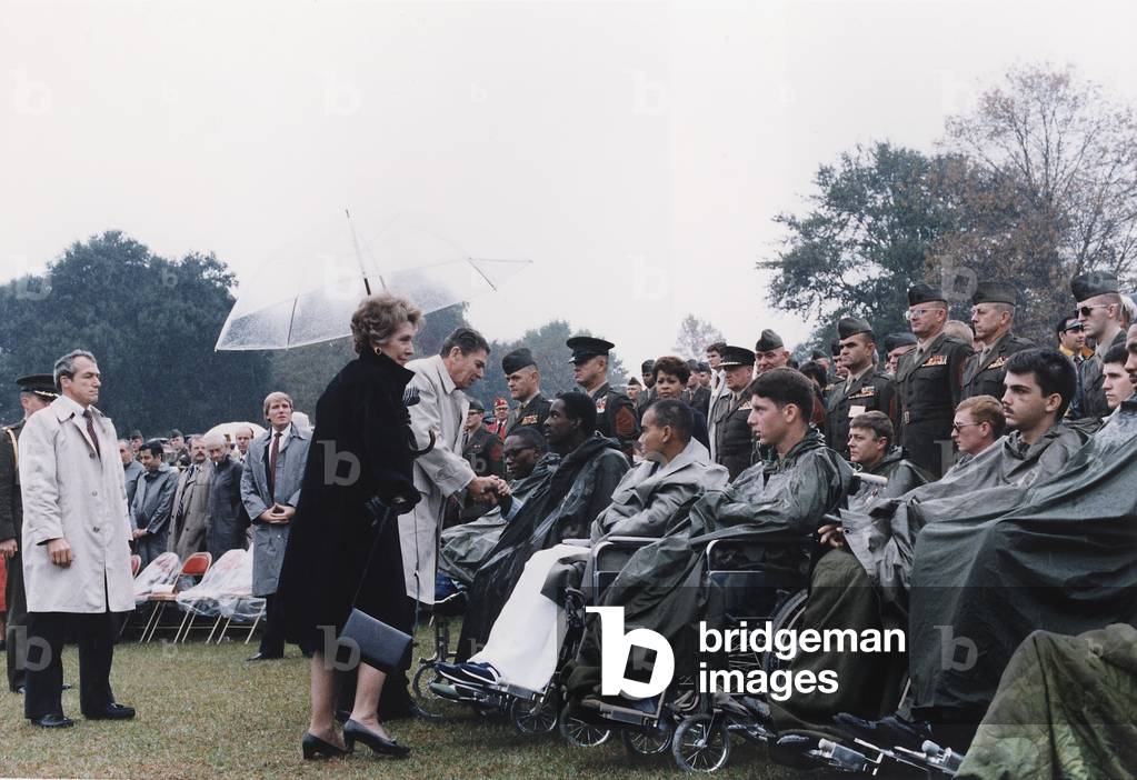 President Reagan and Mrs. Reagan attending a memorial service for Lebanon and Grenada casualty victims Camp Lejeune North Carolina. 241 U.S. service members were killed and 80 seriously injured in the Beirut barracks bombing of Oct 23 1983. In Grenada