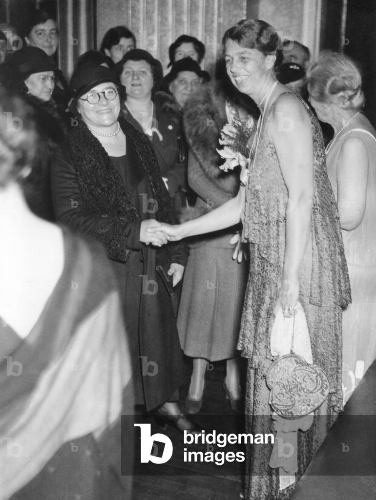 Eleanor Roosevelt greeting women at the Democratic rally. Oct. 24, 1932. She gave a speech in the Panhellenic Building in New York City for the Democratic presidential campaign