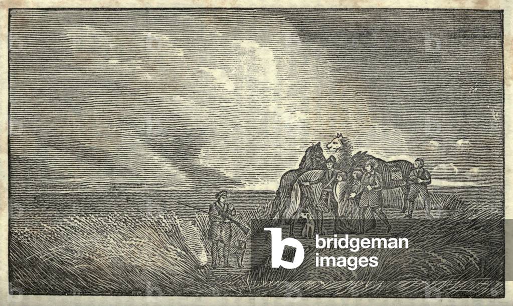 Illustration of Lewis and Clark's expedition from 1803-6. Explorers with horses on the Great Plains