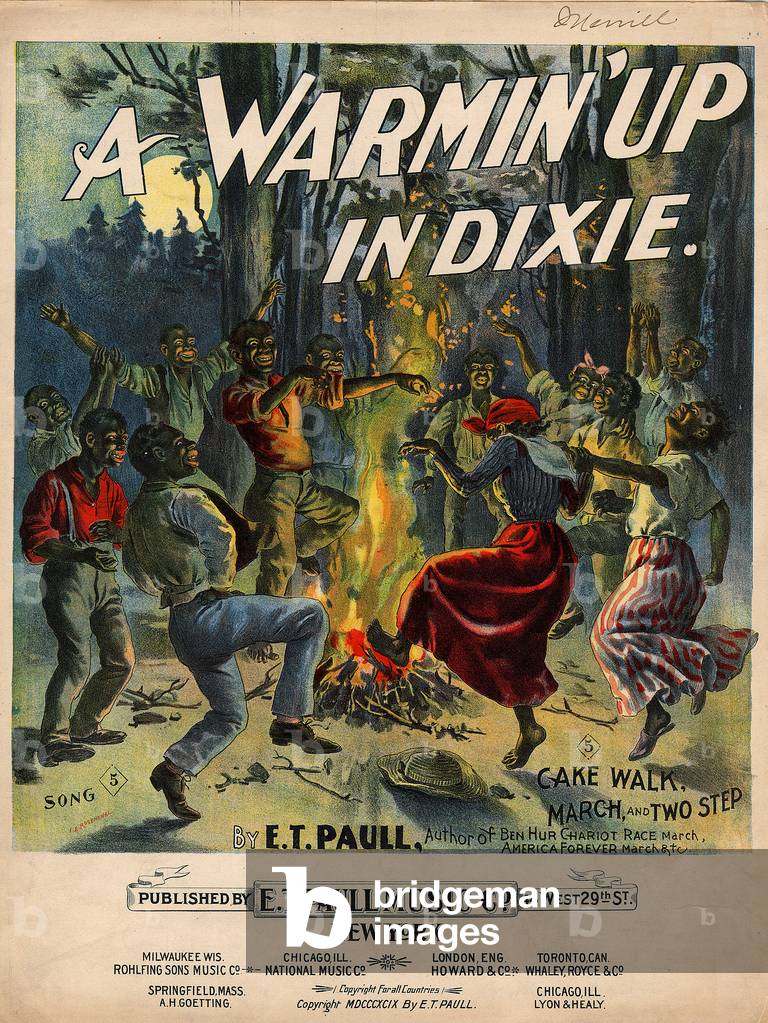 Sheet music, 'A Warmin' up in Dixie', cake walk, march and two step, illustration shows African Americans dancing around a fire, illustration by J.E. Rosenthal, 1899