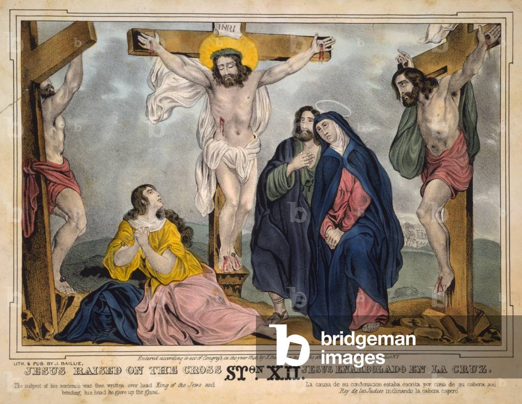 Jesus Christ, Jesus raised on the cross, Mary (second from right), mourns below, James S. Baillie, lithograph, c.1846
