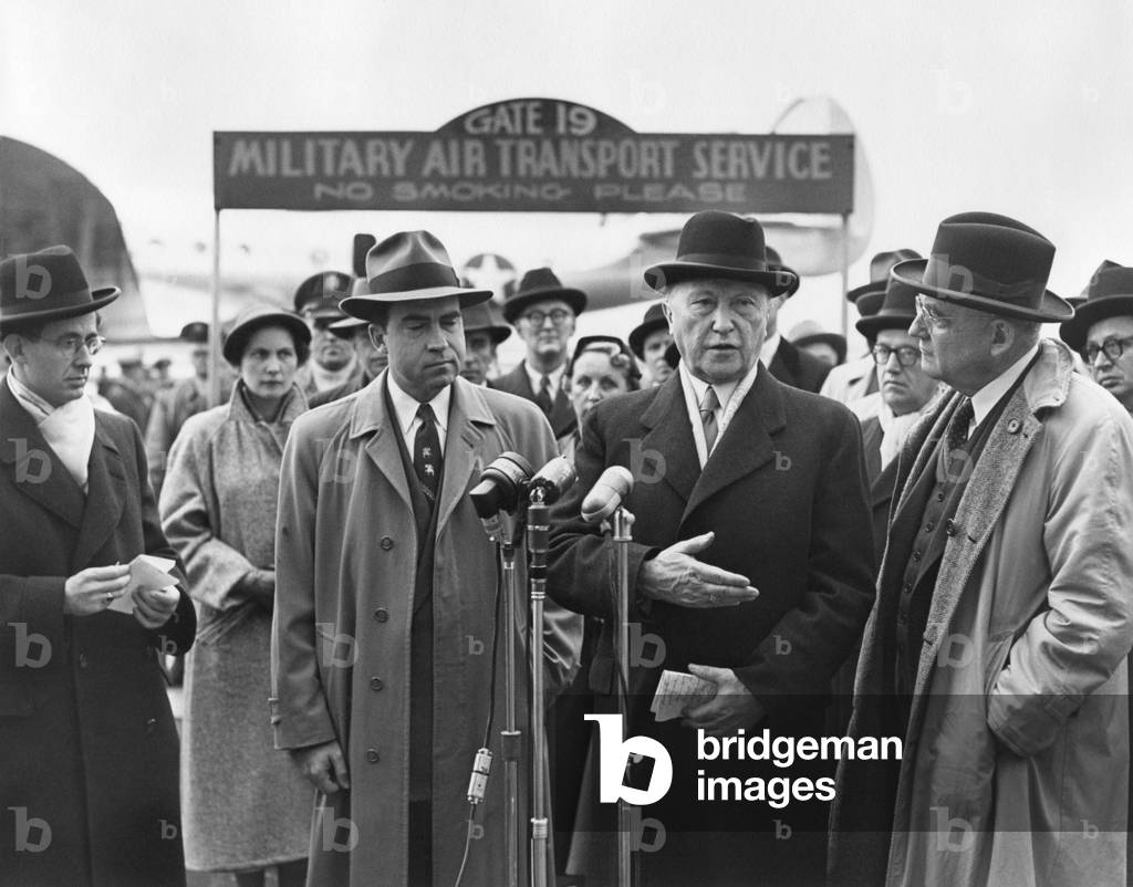 Richard Nixon, Conrad Adenauer, John Foster Dulles at Washington Airport. Adenauer was the first post-war Chancellor of Germany (West Germany) from 1949 to 1963.