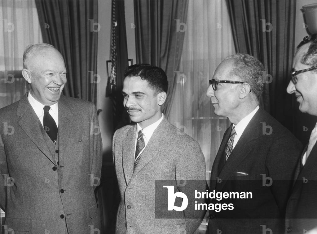 President Eisenhower with King Hussein I of Jordan in the Oval Office. March 24, 1959.